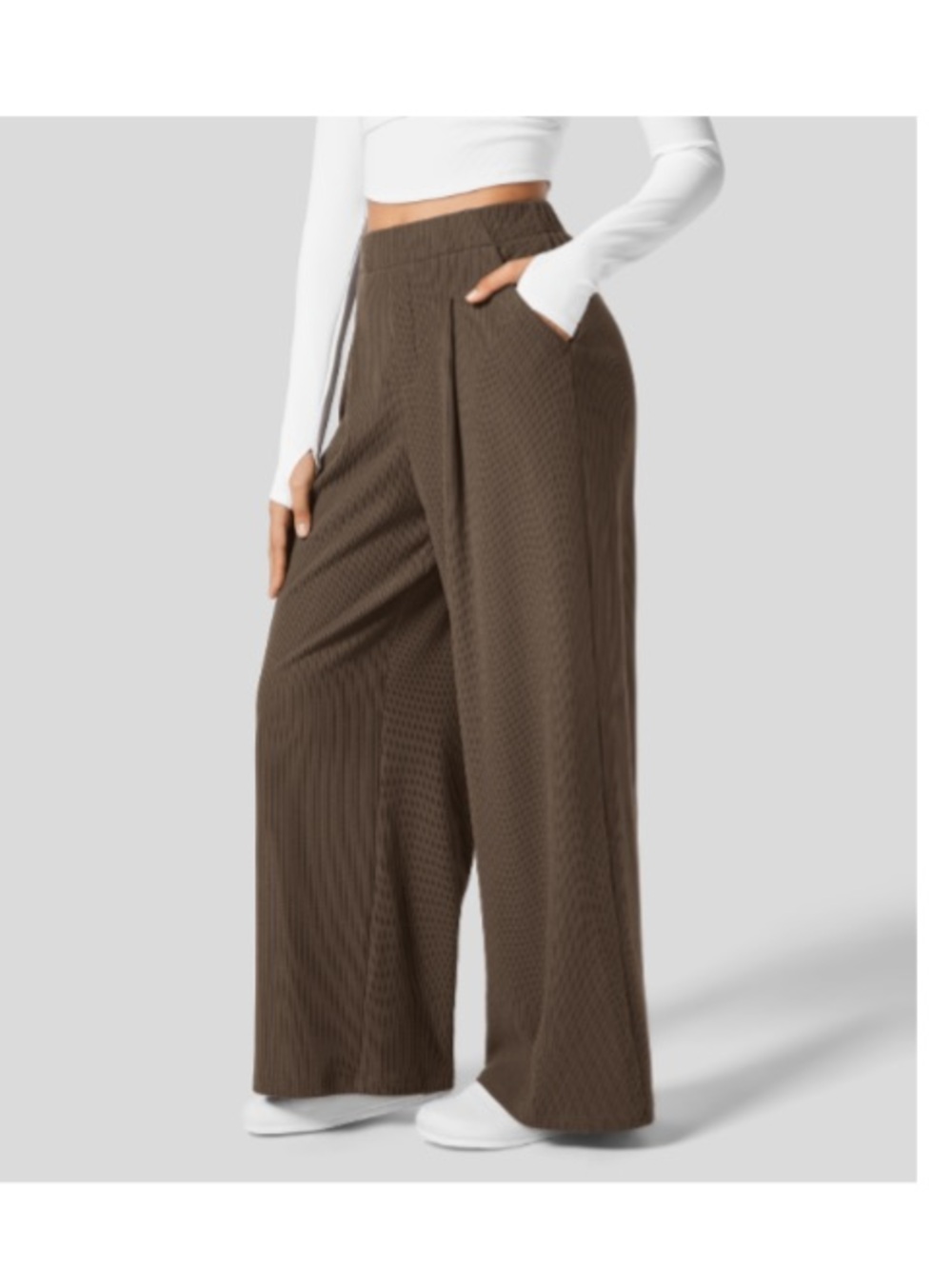 Halara Ribbed Knit Wide Leg Pants High Waisted Pleated Brown pockets Small